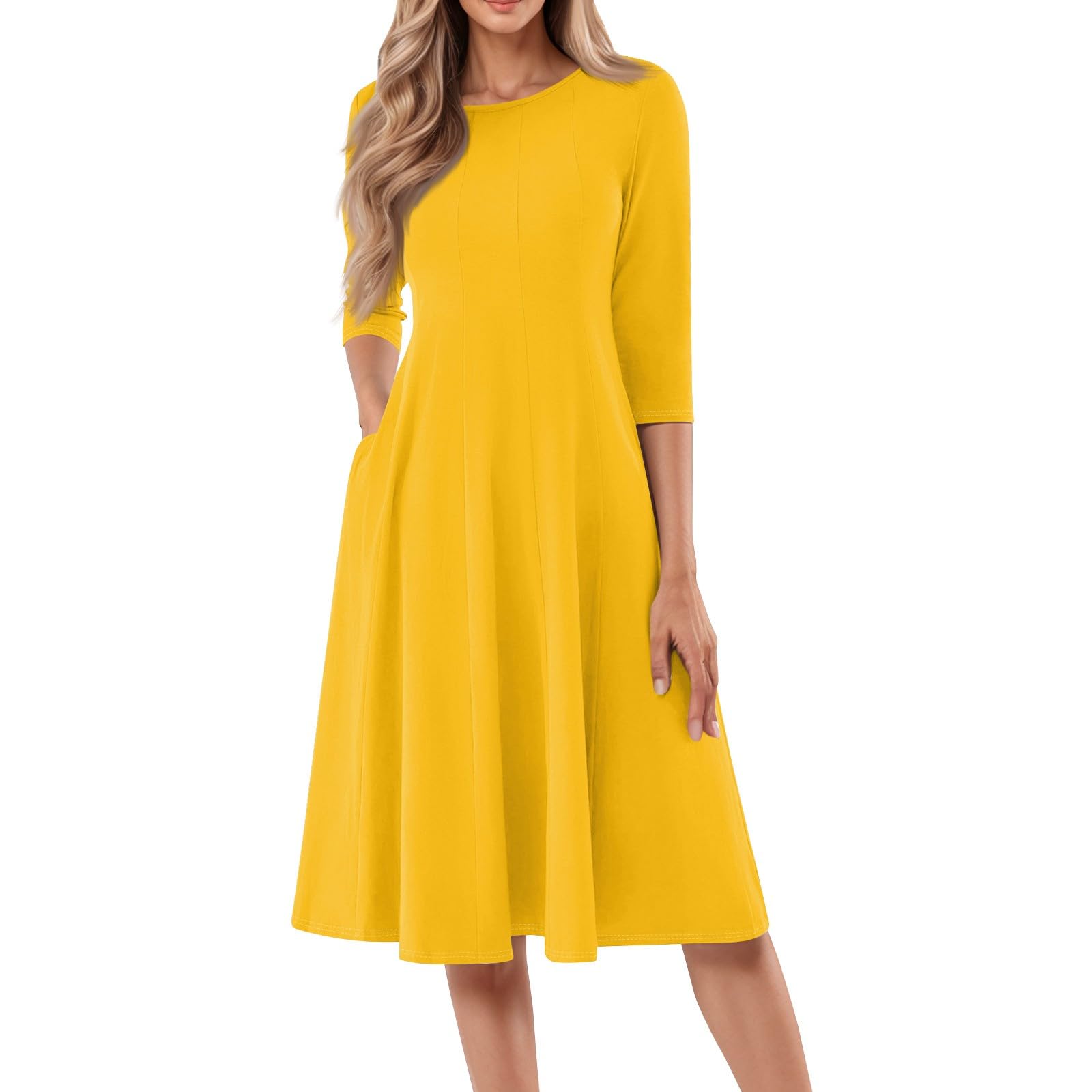 Women's Casual Midi Solid Color Dress A Line 3/4 Sleeve Tunic Dresses Pleated Crew Neck Fashion Loose Fit Wrap Dress