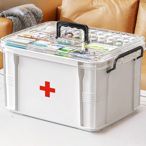 White-L Double Layer Medicine Organiser - Portable First Aid Box with Multi Grid Storage for Home & School