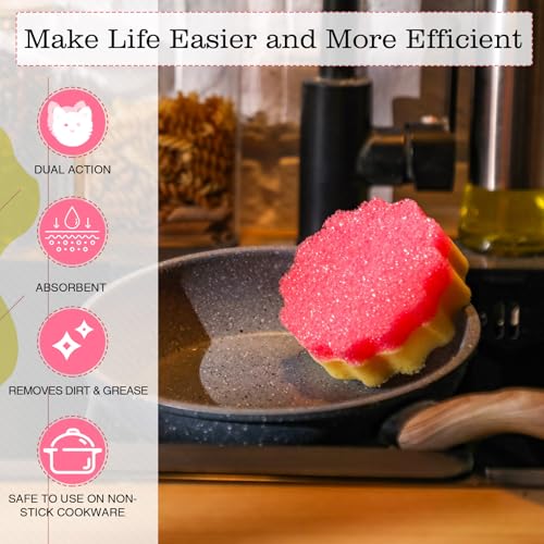 Image of FillTouch 3 Pcs Dual Sided Scrub Sponge Multi Functional Cute Temperature Sensitive Non Scratch Dish Sponge for Washing Dishes Kitchen Bathroom(Flower,Pink)