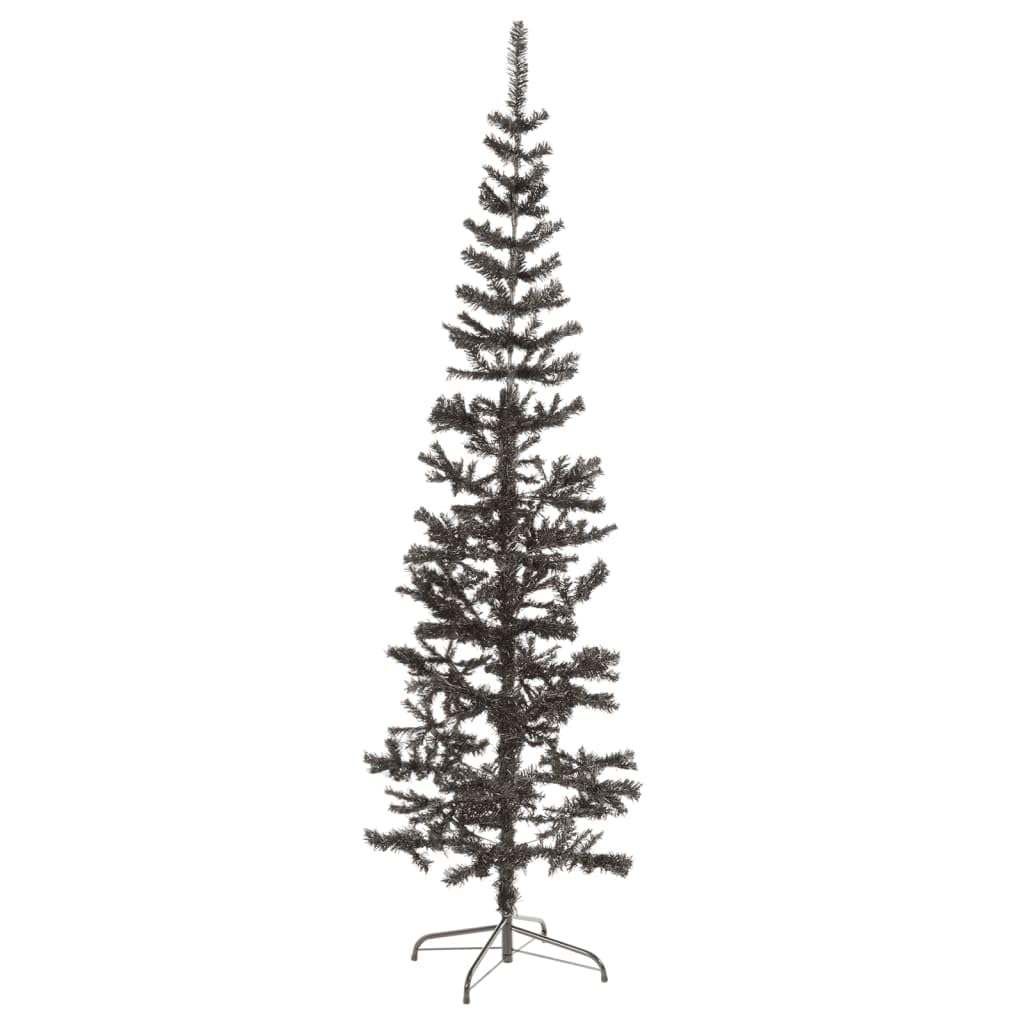 Árbol de Navidad artificial negro de 210 cm, delgado, de PVC, con 435 puntas de abeto y soporte de acero, diseño moderno, robusto y duradero, para salón, pasillo y oficina