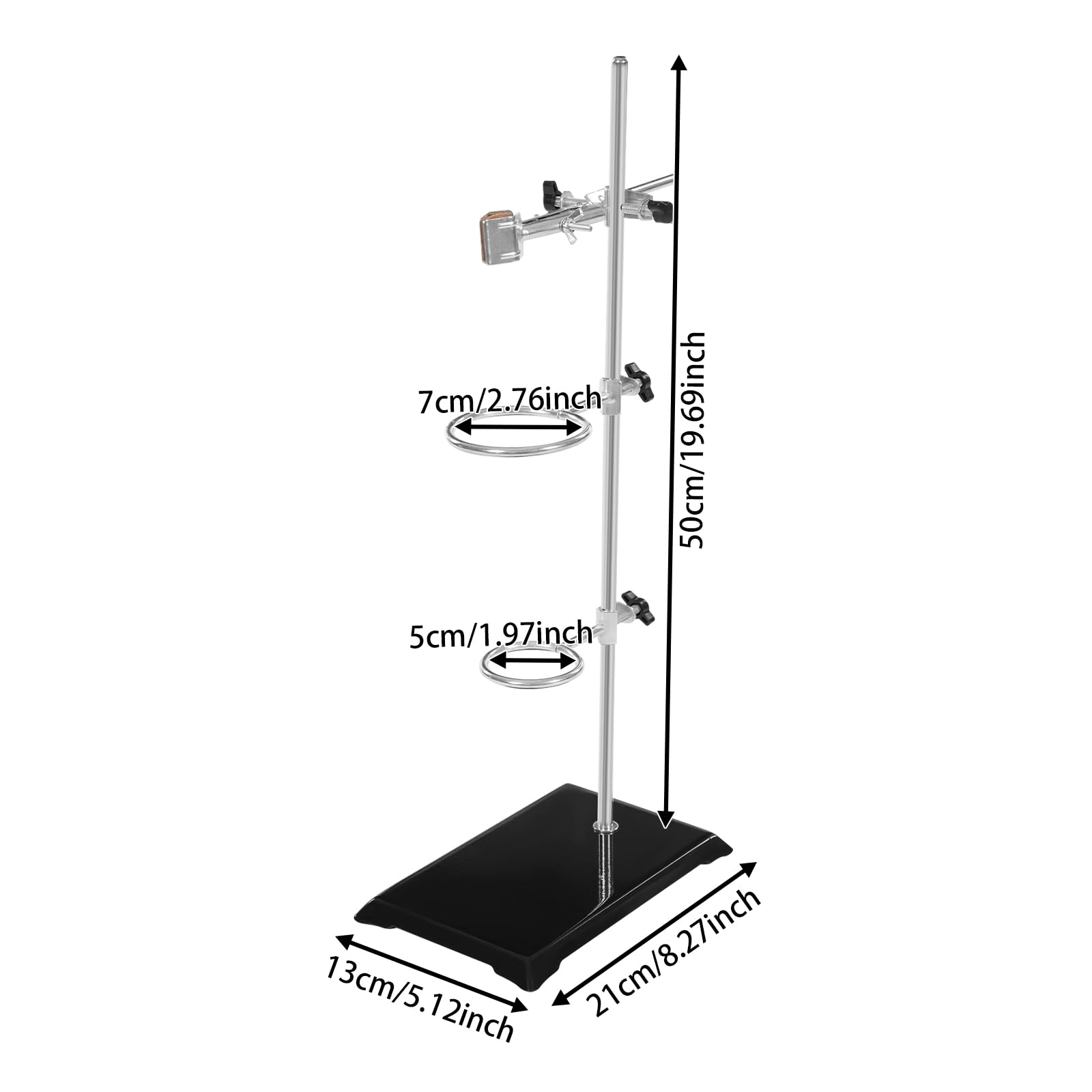 Supporto per laboratorio, 13 x 21 cm, lunghezza asta 50 cm, con morsetto regolabile in altezza, per esperimenti chimici e fisici