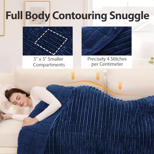 Image of Ultra-Soft Weighted Blanket for Adults(15 lbs, 60 inch x 80 inch Queen Size) 3D Striped Sherpa Fleece Reversible Heavy Blanket with Glass Beads, Perfect for 140-190 lbs, Machine Washable, Navy Blue