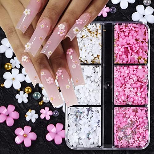 YOSOMK 3D Flower Nail Art Charms White Pink Nail Charms for Acrylic Nails Gold Silver Pearls Nail Supplies Rhinestones Spring Blossom Gems Nail Accessories for Women DIY Nail Decorations Design.