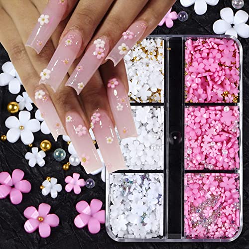 Yosomk 3D Flower Nail Art Charms White Pink Nail Charms For Acrylic Nails Gold Silver Pearls Nail Supplies Rhinestones Spring Blossom Gems Nail Accessories For Women Diy Nail Decorations Design. #TOP26