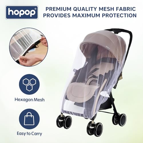 Image of Hopop Universal Mosquito Net for Baby: White, Full Coverage, Elastic Edges, Fits Strollers, Bassinets, Car Seats, Cribs, Keeps Bugs Out