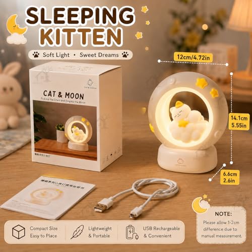 Image of Cat Moon Light For Bedroom Dim Light| 3 Gear Brightness Night Lamp for Kids| Home Decor Gift for Women Girls & Boys| Couple Gift| Love Gift for Her| Decoration Silicone Night Lamp| Cute LED Moon