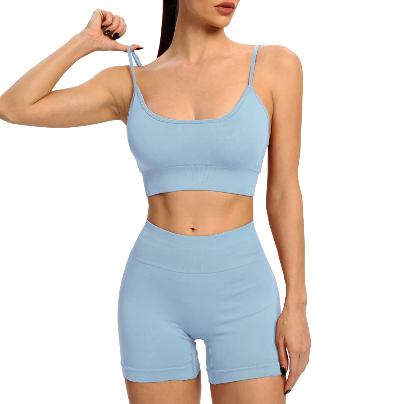 JetjoyExercise Outfits for Women 2 Piece Seamless Sport Bra+High Waist Gym Shorts Workout Activewear Clothing Set