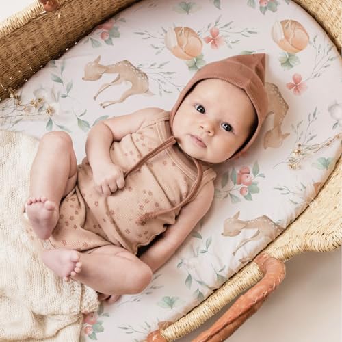 Image of Stretch Fitted Bassinet Sheet Set BROLEX 2 Pack Cradle Sheets for Bassinet Pad /Mattress,Unisex Boys Girls,Ultra Soft,Fawn Flora