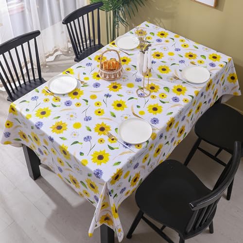 Image of Heavy Duty Vinyl Tablecloth with Flannel Backing Waterproof Oil-Proof Plastic Table Cloth Stain-Resistant Wipeable Rectangle or Square Table Cover for Indoor and Outdoor (Yellow Flower, 60x102 Inch)