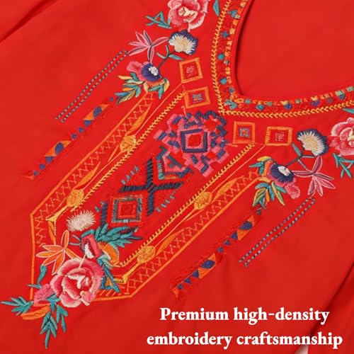 Women's Summer Boho Embroidery Mexican Tops Bohemian V Neck 3/4 Sleeve Causal Loose Shirt Peasant Blouse Tunic (Red-L)
