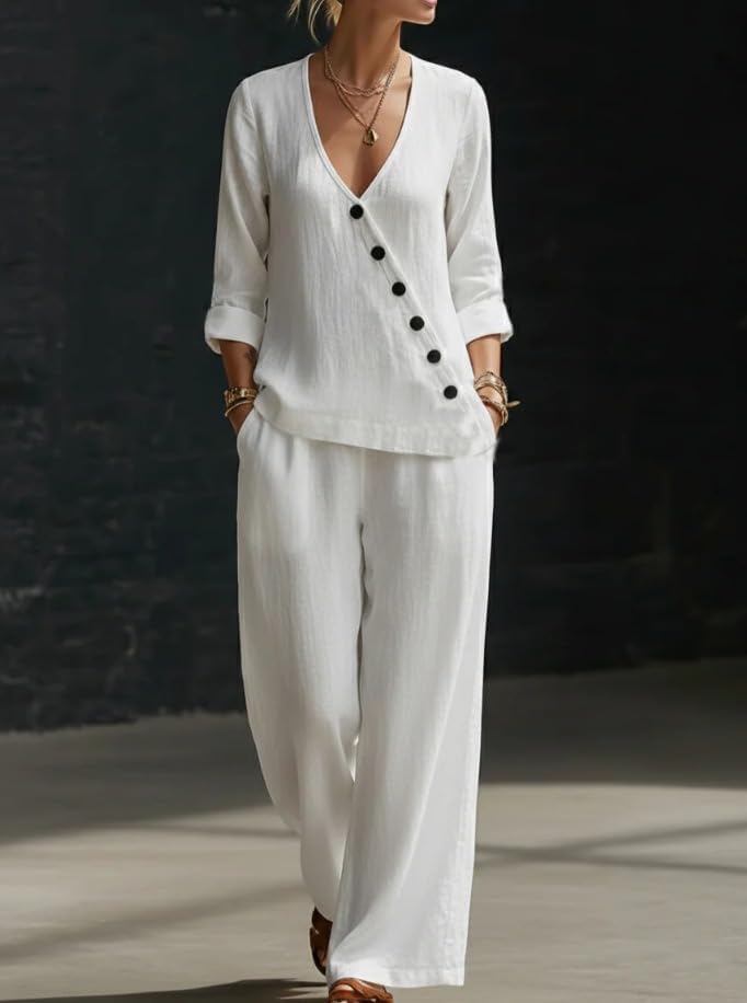 Women Cotton Linen Two Piece Set V Neck Blouse Wide Leg Pants Casual Spring Summer Outfit