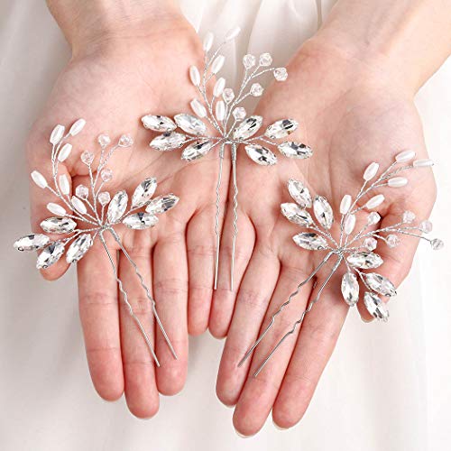IYOU Bridal Wedding Hair Pins Sliver Sparkly Rhinestones Headpiece Pearl Crystal Bride Hair Accessories for Women (3 Pcs) - Image 3