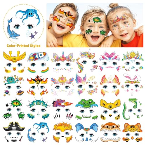 Partywind Temporary Face Tattoos for Kids, 24 Styles Creative Face Stickers for Face Painting, Waterproof Fake Tattoo Stickers for Kids Makeup, Birthday Party Favors Supplies Goodie Bag Stuffers