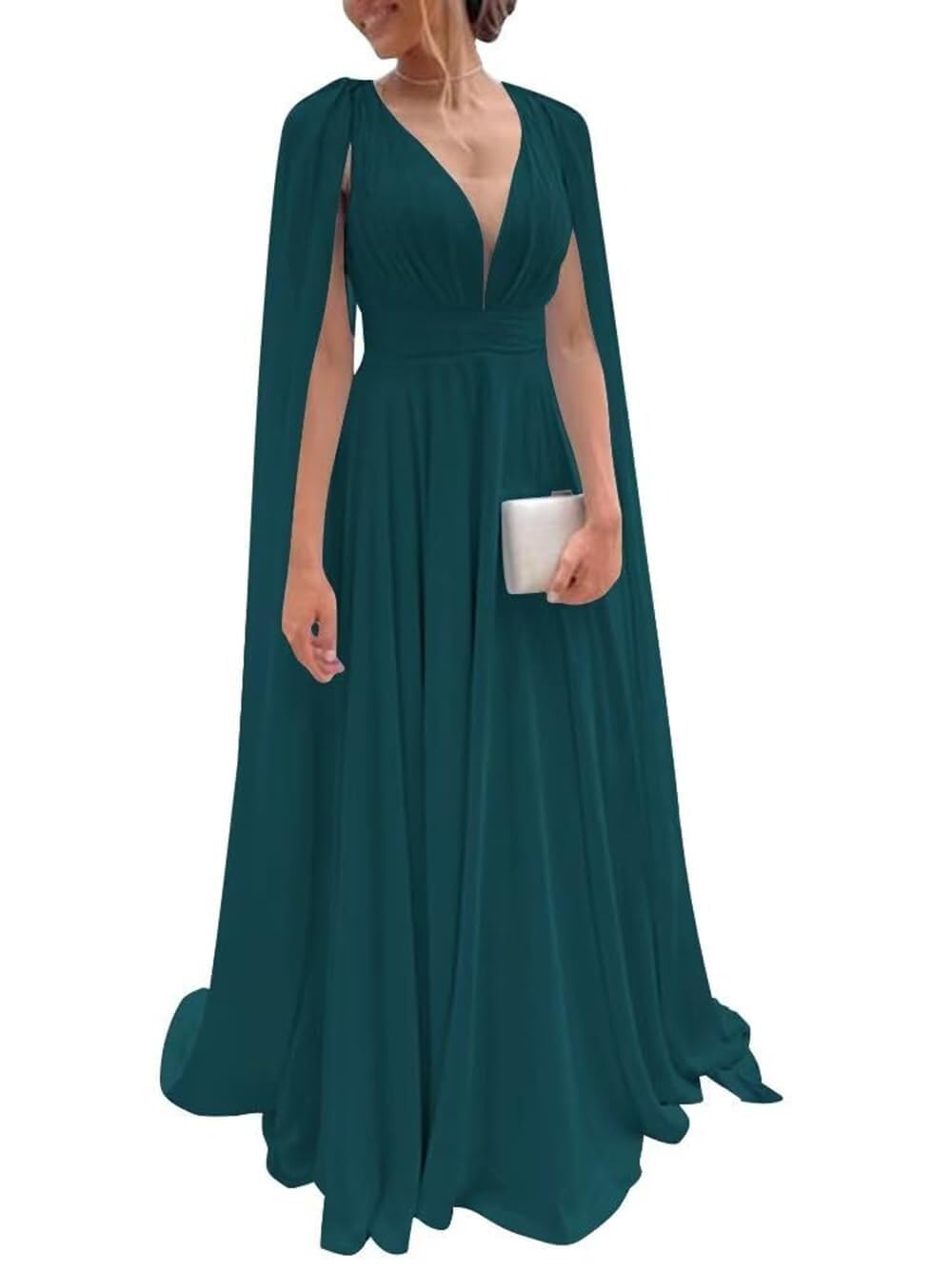 Chiffon Bridesmaid Dress for Women Cape Sleeve V-Neck Formal Evening Gowns with Pocket LBC020