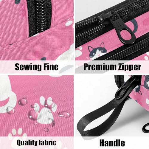Image of Fustylead Cute Japanese Shorttail Cat and Paw Print on Pink Background Pencil Pen Case with 3 Compartments, Lightweight & Spacious Stationery Bag Cosmetics Bag