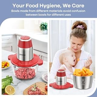 GANIZA Food Processors, Electric Food Chopper with Meat Grinder & Vegetable Chopper - 2 Bowls (8 Cup+8 Cup) with Powerful 450W Copper Motor - Includes 2 Sets of Bi-Level Blades (Red)