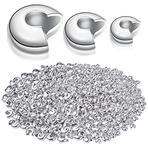Aylifu 600pcs Silver Crimp Bead Knot Covers Metal Half Round Open Crimp Beads Knot Cover Caps for Craft Supplies DIY Jewelry Making Accessory 3 Sizes