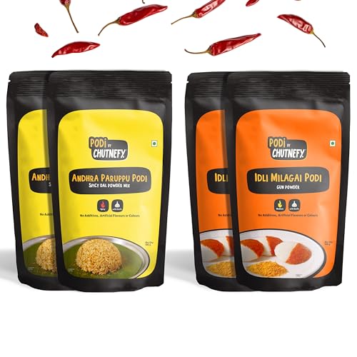 Image of Chutnefy Andhra Paruppu (Spicy Dal) & Idli Milagai (Mirch /Gunpowder) Podi (With Garlic) | 100% Natural | Pack of 4 * 100gms (Dry /Reusable Pack) | Enjoy with Ghee or Sesame Oil | No Preservative