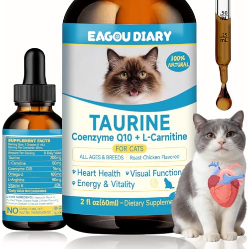 Taurin für Katzen Tropfen - Taurin Ergänzungsmittel für Katzen Unterstützt Felina Herz & Immunfunktion Sehkraft Energie & Vitalität L-Carnitin L-Carnitin Coenzym Q10 Omega3 L-Arginin Vitamin