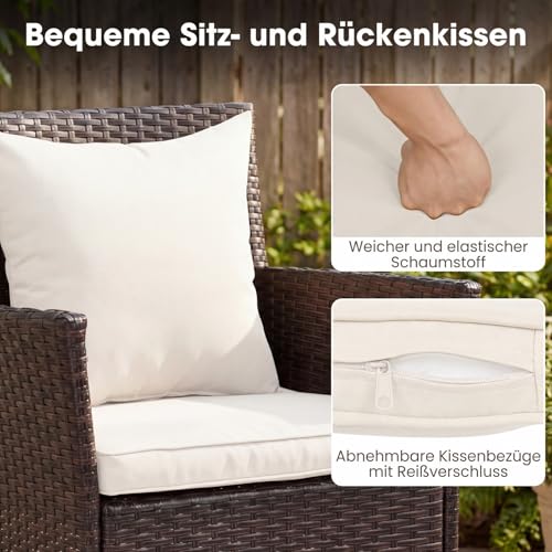 COSTWAY Zestaw mebli ogrodowych z rattanu, meble balkonowe, mały balkon, meble balkonowe z 2 fotelami, szklany stół i poduszki, zestaw mebli ogrodowych dla 2 osób, zestaw mebli do siedzenia do ogrodu