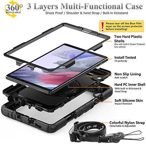 Samsung Galaxy Tab A7 Lite Case 8.7'' With Screen Protector | Pencil Holder [360 Rotating Hand Strap] &Stand, Seymac Stock Drop-Proof Case For Galaxy Tab A7 Lite 2021 Sm-T220/T225/T227 (Black) #TOP5