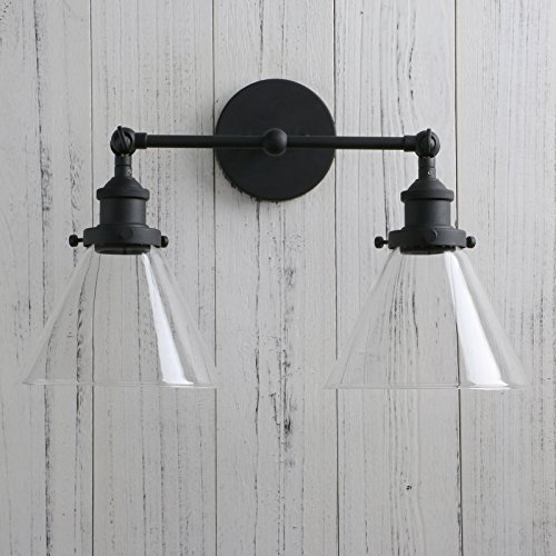 Image of Industrial Double Sconce 2-Lights Wall Sconces with Dual Funnel Clear Glass Shade Wall Sconce for Mirror Hallway Bedroom, Hardwired, E26 Base (Black)