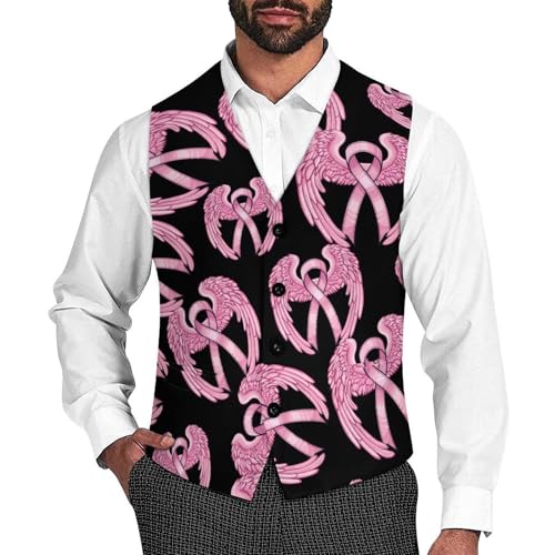 Breast Cancer Awareness Ribbon Men's Suit Vests Business Formal Dress V-Neck Waistcoat Tops with 2 Pockets