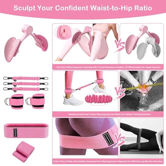 Thigh Master for Women -Pelvic Floor Exercise Devices, Kegel Exerciser with 3 Intensity Levels, Home Thigh & Glutes Exerciser Device for Postpartum Moms & Leg Shaping, Includes Ankle Resistance Bands