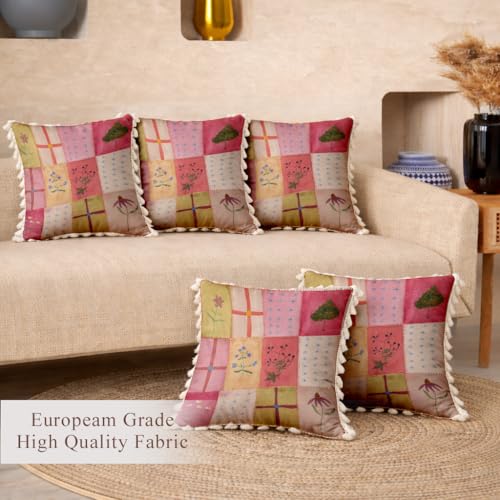 Image of STITCHNEST 'Little Meadow Series' Tassled Cushion Cover | Set of 5 | Floral Cushion Cover 16 inch x 16 inch