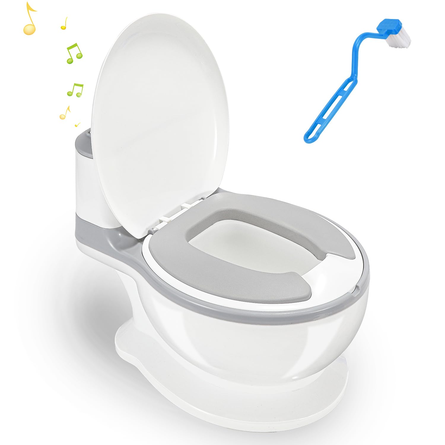 Ikodm Kinder töpfchen mit Spülgeräusch,Toilettentrainer für Kinder mit Sound und Batterien,Töpfchen für kinder weiches PU-Kissen,mit Pinsel Grau weiß