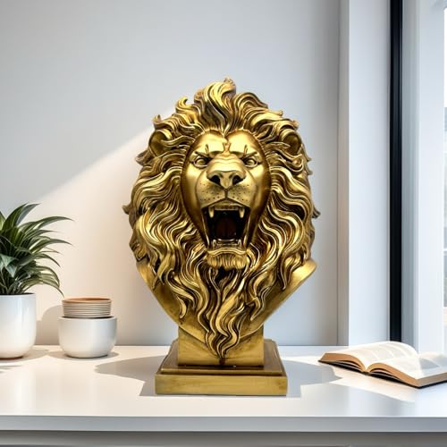 Décoration de salon statue de buste de lion doré 30cm - 8