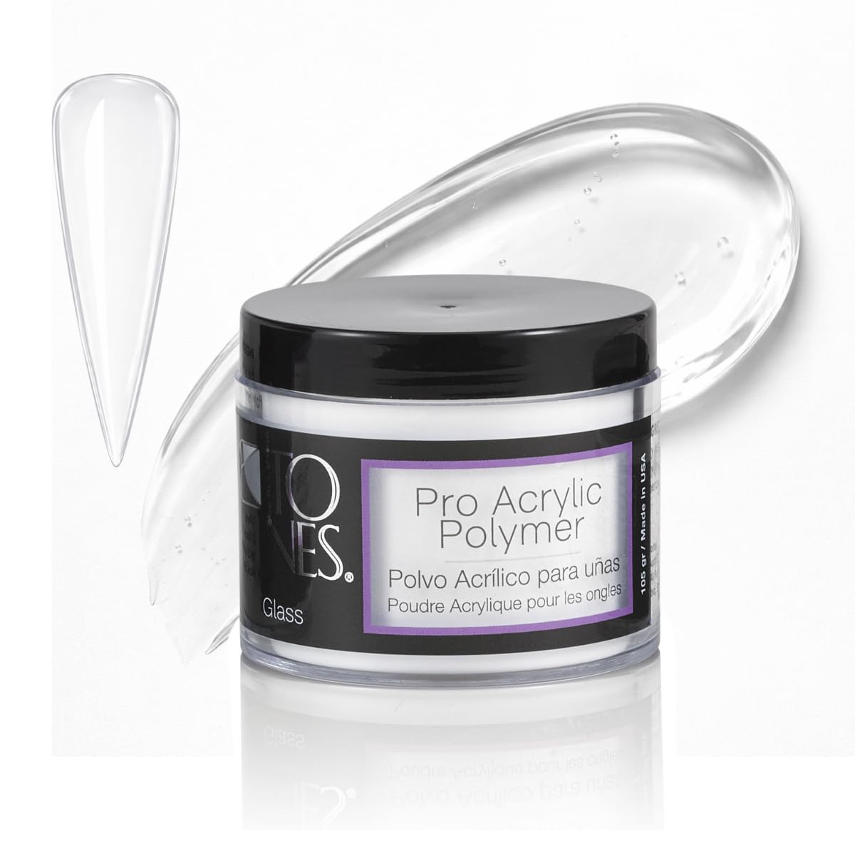 Tones Pro Acrylic Nail Cover Powder, Glass (Clear), (3.5 Fl Oz) - Bubble Free Long-Lasting & Non-Yellowing Polymer Acrylic Nail Powder for Salon & Home Quality Nail Carving Extensions & 3D Art