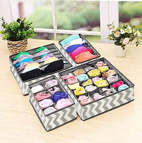 Image of Set of 4 Fabric Foldable Closet Drawer Dividers Wardrobe Under Bed Organizer for Clothes, Shoes, Undergarments, Bra, Socks Bra Tie Scarfs (Grey Wave)
