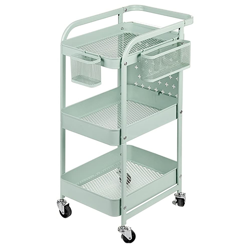 Storage Trolley, 3-Tier Kitchen Cart, Storage Cart Metal Shelving with Hooks Baskets Mobile Storage Rack for Kitchen Office Storage Trolley (Green)