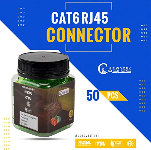 Newyork Cables® Rj45 Cat6 Ends | Pack Of 50 | Cat 6/ Cat5E Rj45 Gold Plated Connectors | Crimp Modular Plug | Ethernet Cable Crimp Connectors For Stranded & Solid Utp Network Cable, Green #TOP4