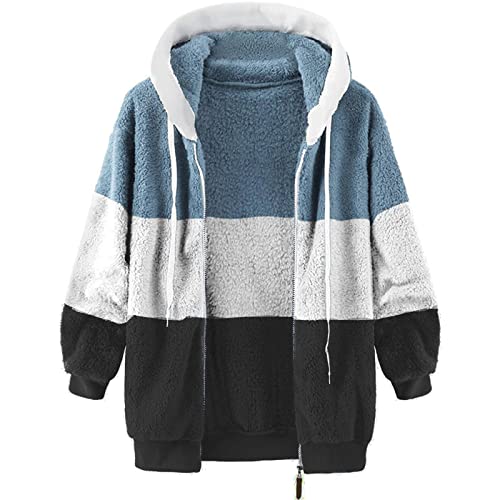 Fuzzy Fleece Jackets for Women Plus Size Hoodies Fall Winter Coats Color Block Patchwork Cardigan Coat with Pockets