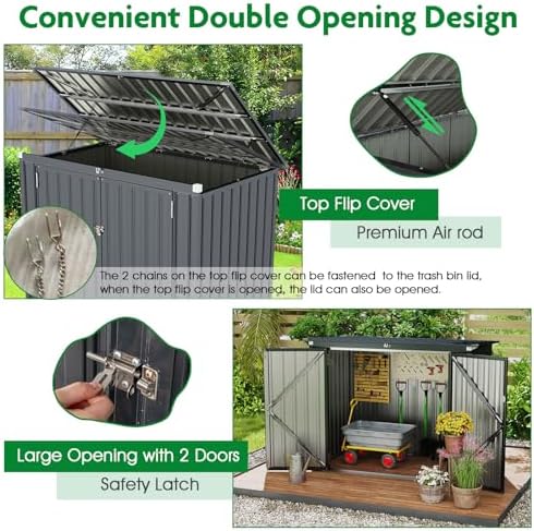 Goplus Lockable Outdoor Trash Can Storage Shed, Large Galvanized Steel Garden Shed with Double Doors, Storage Organizer for Backyard Patio Lawn, 172 x 95.5 x 130 cm (L x W x H) - 4