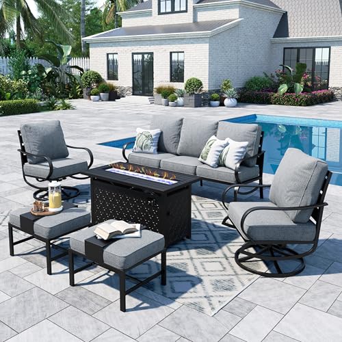 Sophia & William Patio Furniture Sets with 45″ Gas Fire Pit Table for 7 Outdoor Conversation Sets 6 Pcs, 2 x Swivel Cushioned Sofa Chairs, 1×3-Seat Sofa, 2xOttomans for Backyard Poolside Grey