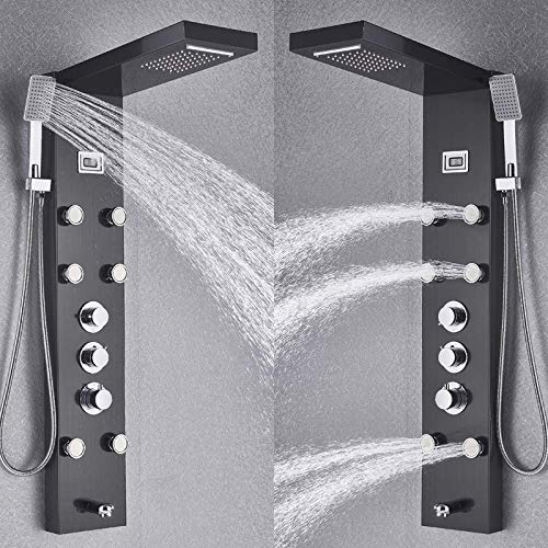 Juego de Ducha Termostática para Baño, Columna de Ducha Negra con Cabezal Lluvia y Cascada, Panel de Ducha con Control Digital de Temperatura y 5 Funciones miniatura 2