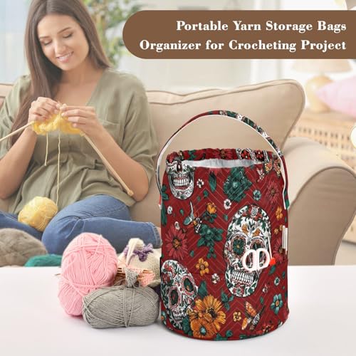 Image of Tatenale Crochet Bag Yarn Bag Knitting Project Bag with Pockets and Handle Portable Yarn Storage Organizer Tangle Free 8.3x11 InchRed Meixcan Flag Skull03