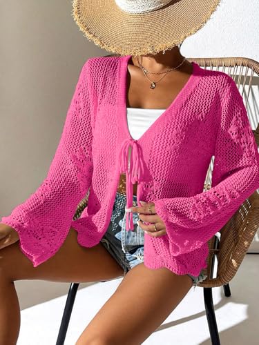 Image of Womens Tie Front Lightweight Crochet Cardigan Shrugs Knit Cardigan Crop Tops Cover Up