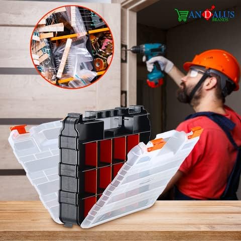 Andalus Double-Sided Small Parts Organizer Storage Box - 34 Compartment Box Small Hardware Organizer - Bolts, Parts, Nail and Screw Organizer - Durable and Portable Organizer - 12.75 x 10.63 x 3.15 inches