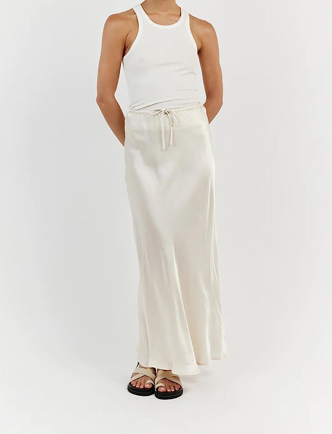 Meladyan Woman Drawstring High Elastic Waist Maxi Long Skirt A Line Flare Solid Slim Fitted Going Out Casual Midi Skirts - Image 5