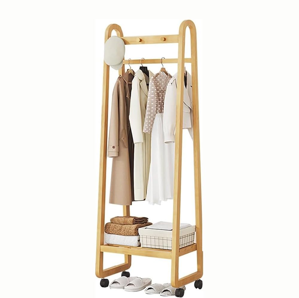OLSKFUH Pull-Out Trouser Rack Removable Pull-Out Rack Wardrobe Storage Expandable Space Saving Drawer-Style Hanger Rod Rolling Trolley,Bamboo Freestanding Clothes Rack With 5 She,A-50x39x165cm