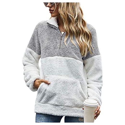 Voqeen Mujer Sudaderas con Teñido Anudado Collar del Soporte Pullover de Vellón Difuso de Manga Larga Jersey de Color de Contraste con Cremallera de 1/4 Abrigo Outwear Tops con Bolsillos