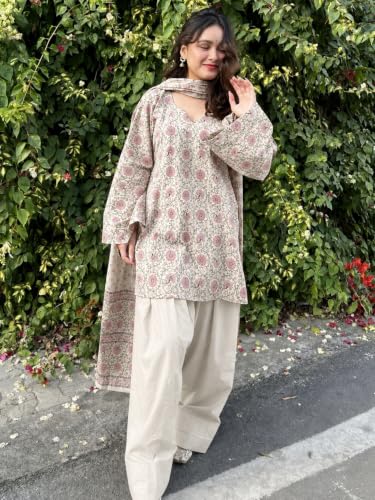 Image of ANNI Designer Farshi Salwar Suit for Women Cotton Printed | Kurta Dupatta Set for Woman | Straight Palazzo Outfit Round Neck V-Slit Long Sleeve Ethnic Dress Stylish Womens Clothing