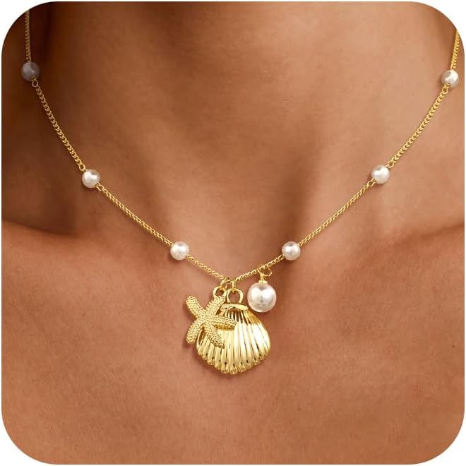14K Gold Plated Seashell Starfish Pendant Necklace for Women Trendy, Sea Star Fish Shell Beach Necklace Ocean Coastal Summer Vacation Pearl Jewelry Accessories for Women