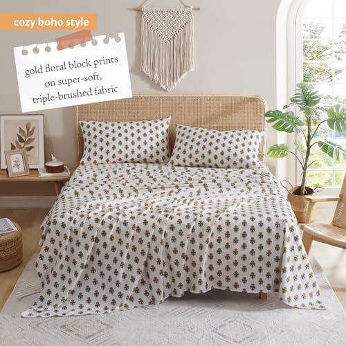 Indigo Ink - King Bed Sheets, Cotton Flannel Bedding with Matching Pillowcases, Ultra-Soft Floral Bed Set, Medium-Weight for All Year Use, Oeko-Tex Certified (Golden Bloom Collection, White/Gold) - Thumbnail 2