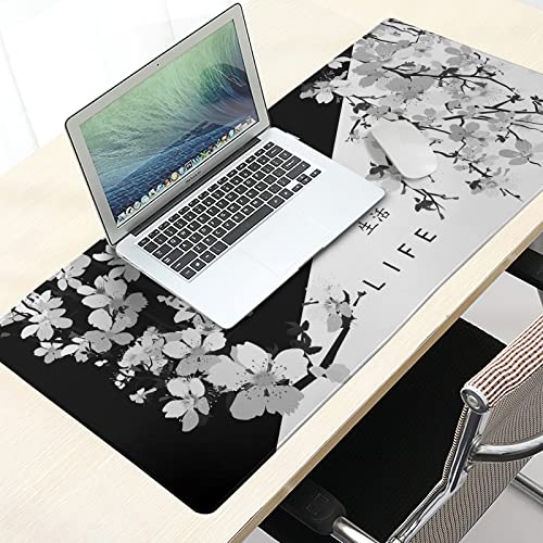 Image of Black White Japanese Mouse Pad 35.4 X 15.7 Inch XXL Cherry Blossom Death Life Sakura Full Desk Mousepad Extended Large Non-Slip Rubber Base Big Keyboard Mat with Stitched Edges for Gaming and Office