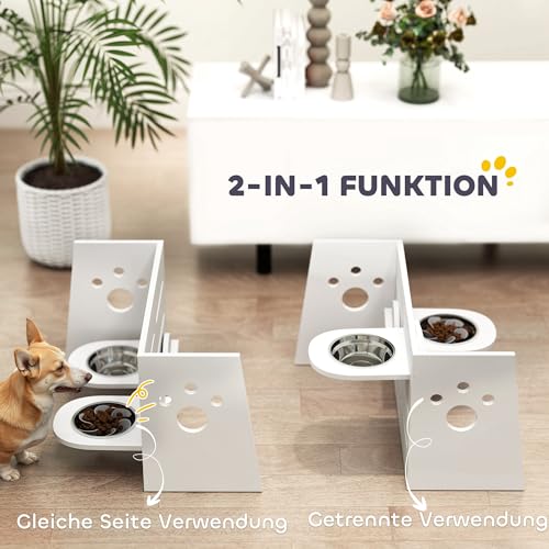PawHut Erhöhter Hundenapf Höhenverstellbar Futternapf mit Ständer Anti-Schling-Matte 2 x 1000ml Langsamfutternapf verstellbar Fressnapf Futterstation Hundenäpfe für Mittlere Hunde Katzen Weiß